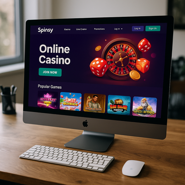 Spinsy Casino - Desktop Site Design - Clean Layout and Bold Colors